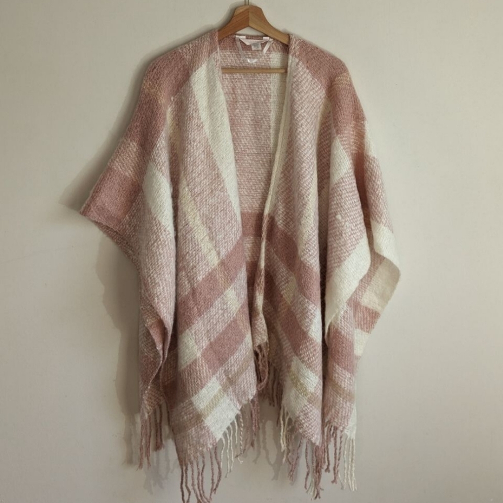 Lauren Conrad Pink Plaid Fringe Tassel Cardigan Poncho